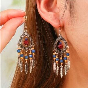 Bohemian Silver Feather Detail Multicolor Dangle Earrings. NEW!